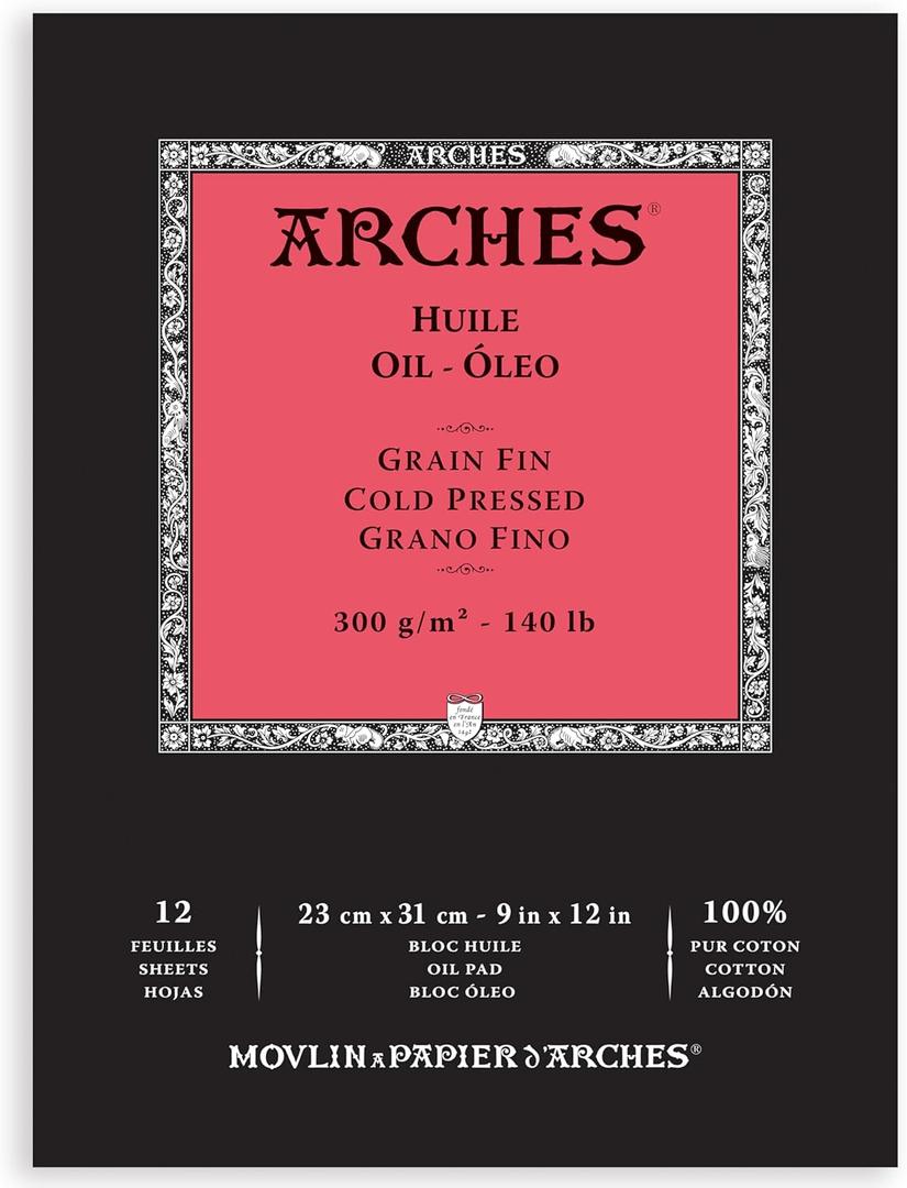 Arches Huile Oil Pad, Cold Pressed, 140lb/300gsm, 12 Sheet, 9x12 inch, Arches Oil Paper 100% Cotton