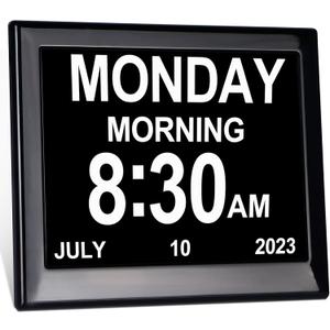 Day Date Time Clock for Seniors Elderly 3 Medication Reminders+ 5 Custom Reminders Digital Calendar Dementia Impaired Vision Memory Loss Clock(Black,8-inch) (Black)