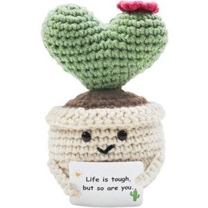 Emotional Support Crochet Cactus, Handmade Positive Cactus Crochet Plants with Encouragement Card for Desk Decor Cactus Ornament, Home or Office Decorations Mascot