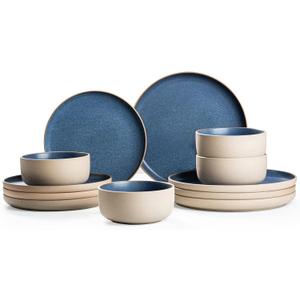 Dafuceramic 12 Pieces Dinnerware Sets,Plates and Bowls Sets,Handmade Reactive Glaze Dishes Set for 4 with at Least 10% Recycled Ceramic and the Raw Texture of the Clay (Reactive-Blue)