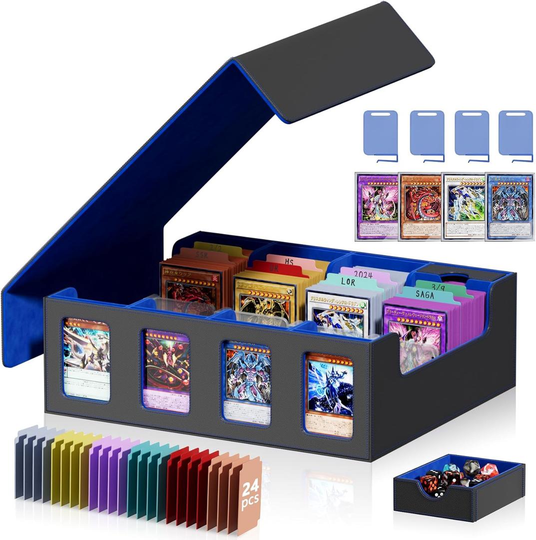Trading Card Storage Box with Commander Display, 4-Row Deck Case w/Removable Lid; 3900+ Card Deck Box for MTG TCG Sports Cards, 8 Toploaders, 4 Stoppers, 24 Dividers,1 Dice Tray (Black)