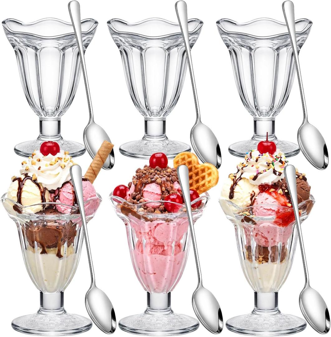 6 Pcs Glass Dessert Cups Set, 6.8 oz Clear Tulip Sundae Cups with Long Handle Spoons, Footed Parfait Trifle Glasses for Valentine's Dessert, Date Night Fruit Cocktail