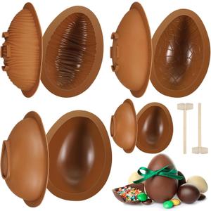 RoundFunny 8 Pcs Easter Egg Molds with 2 Pcs Wood Hammer 3D Breakable Silicone Chocolate Molds Non Stick DIY Easter Egg Mold for Party Candy Mousse Cake Dessert Baking Basket Gift Decorations