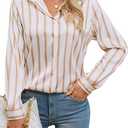 Women's Satin Silk Button Down Shirts Long Sleeve Blouse Casual Work Office Tops, Size M Striped Khaki