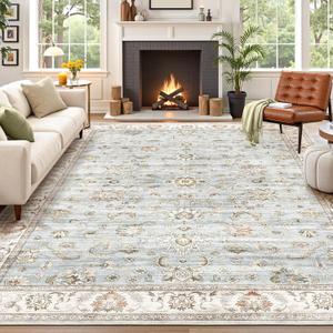 WITSHOCK 10x12 Area Rugs for Living Room: Machine Washable Non Slip Vintage Carpet - Low Pile Lightweight Print Rug for Bedroom Dining Room - Stain Resistant for Household - Pet Owners (Light Blue)