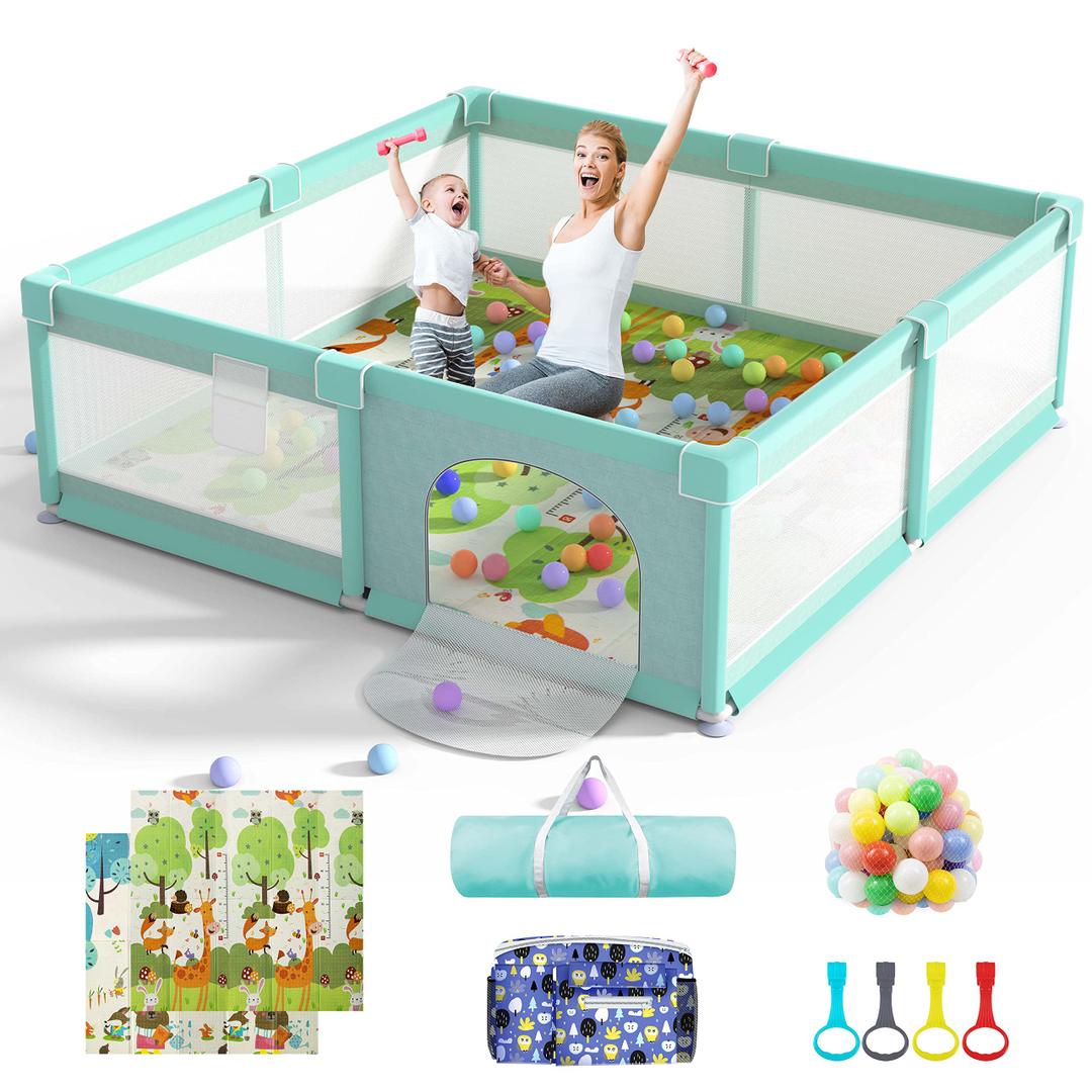 LUTIKIANG 79" x 71" Baby Playpen with Mat, Play Yard for Babies and Toddlers, Indoor/ Outdoor Gate, Large Play Pen for Safety, Playtime, and Fun (Green)