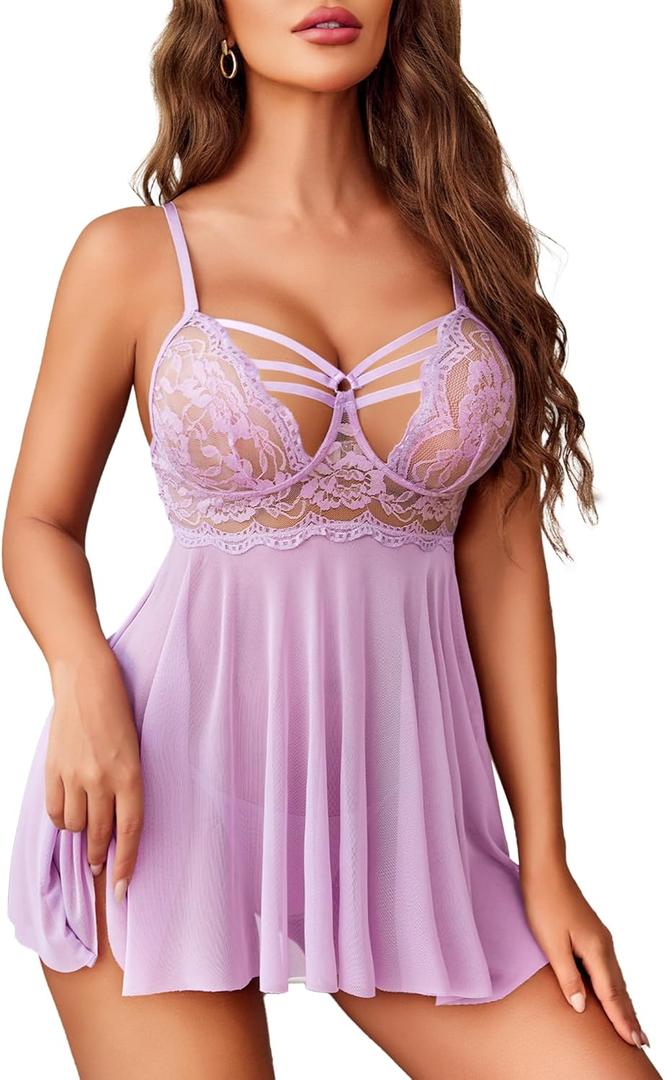 Avidlove Women Lingerie Lace Babydoll Sexy Chemise Nightwear Teddy V Neck Sleepwear Boudoir Outfits (Small, Light Purple)