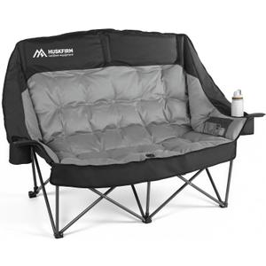 Huskfirm High Back Double Camping Chair 2 Person Camping Chair Low Seat Loveseat Camping Chair Fully Padded Oversized Camping Couch for Adults - Supports 650 LBS with Cup Holders Carry Bag - Black