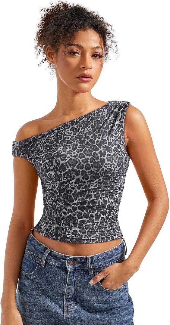 SUUKSESS Women Off Shoulder Tops Sleeveless Shirts Y2K Going Out Crop Tank Top (Medium, Black Cheetah Print)