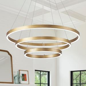 LED 3-Ring Chandelier Gold Dimmable Modern Pendant Light with Remote Control Vintage Brass LED Circle Chandelier for Dining Room Entry Foyer Bedroom Living Room, 75W