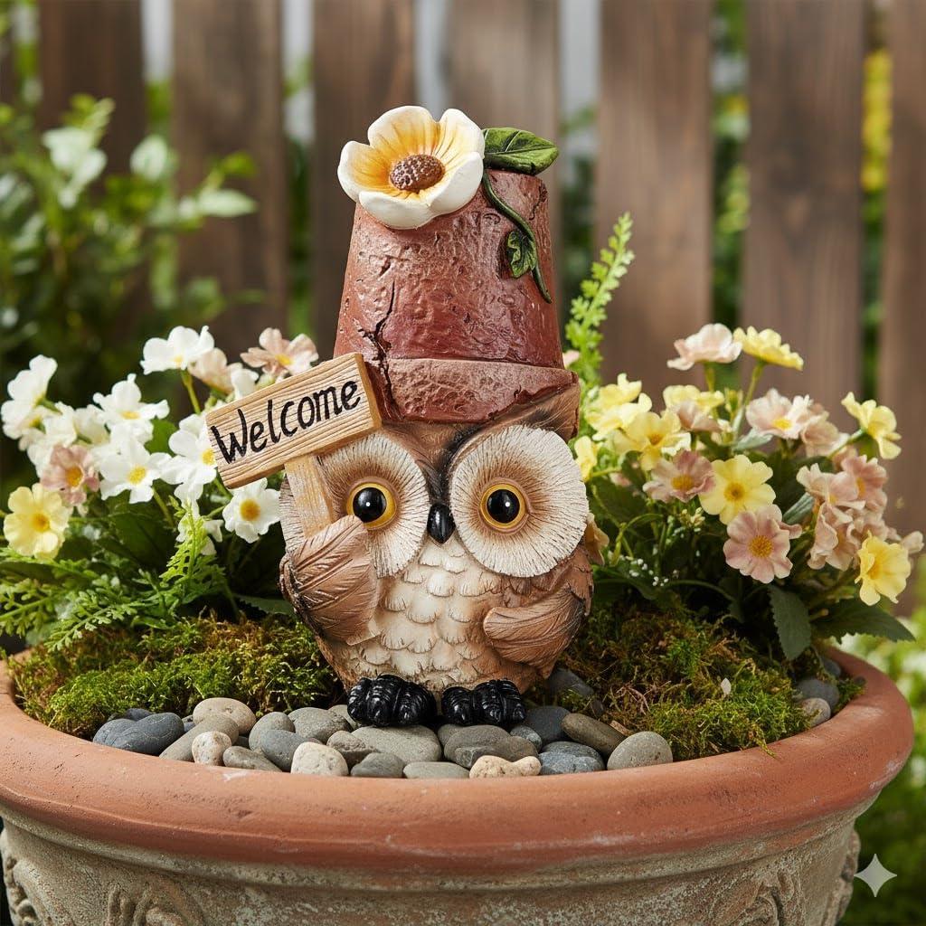 Welcome Sign Owl Garden Decor Outdoor Cute Owl Statue for Yard Patio, 3.9 x 2.7 x 6.1 inches