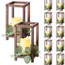 VEVOR 12 Set/36 Pcs Wooden Wedding Lantern Centerpiece, Includes 12 Wooden Lantern Candle Holder 12 Flameless LED Candle 12 Eucalyptus Leaves Wreath for Wedding Table Party Farmhouse Decor, Brown