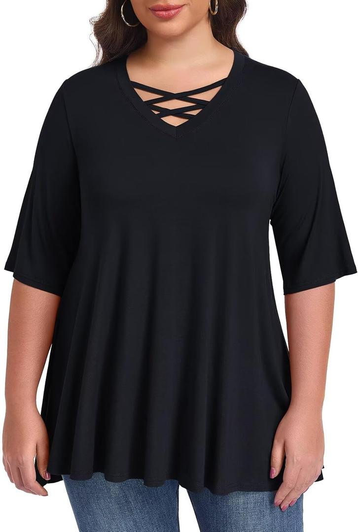 LARACE Elbow Sleeve Cross-Tie V-Neck Plus Size Tops for Women's Half Sleeves Tunic Shirts Blouse Spring Summer Fall Clothes (Black, XXXL)