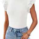 KIRUNDO Summer Sweaters for Women Lightweight 2025 Fall Ruffle Short Sleeve Business Casual Tops Slim Soft Knit T Shirts(Beige White, Medium)