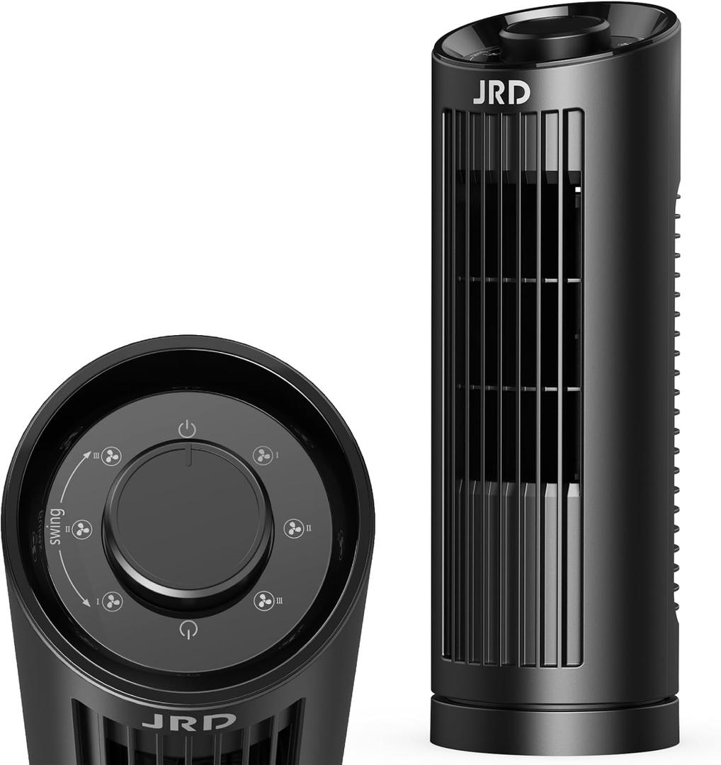 JRD 13" Tower Fan for Bedroom, 23ft/s Bladeless Desk Fan with 3 Speeds, 80 Degree Oscillating, Quiet Operation, Compact & Portable Table Fan for Bedroom Home Office Desktop (13 inch Knob, Black)