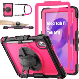 SEYMAC stock Case for Lenovo Idea Tab 11'' 2025/ Tab M11 2024/ K11 (TB336FU/TB330FU), Drop-Proof Case for Lenovo 11 inch with 360 Rotate Stand/Strap [Pen Holder] & Screen Protector, Rose+Black