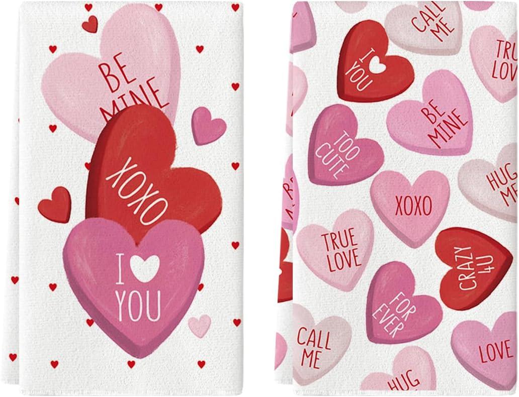 Artoid Mode Red Heart True Love Forever Valentine's Kitchen Towels Dish Towels, 18x26 Inch Anniversary Wedding Decoration Hand Towels Set of 2