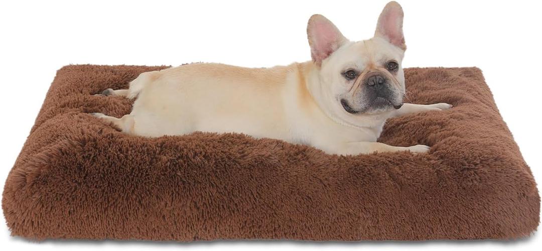 Bedfolks Waterproof Crate Bed, Plush Pad with Removable Cover, Faux Fur for Large Dogs, Washable Kennel Bed 35"x23", Solid Brown