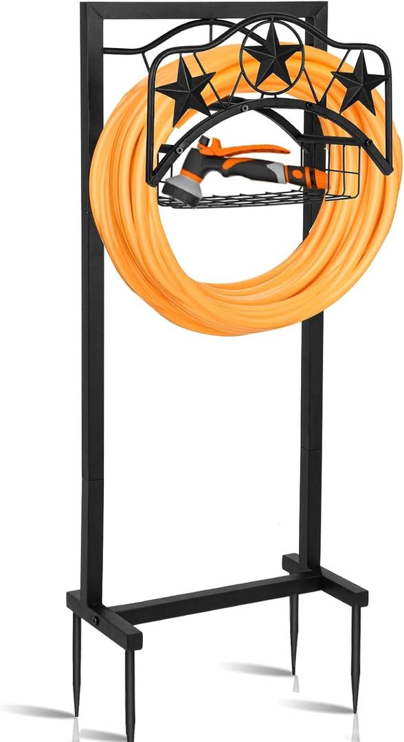 Garden Hose Holder - Upgraded Water Hose Holder Stand with Storage Basket Holds 151ft, Heavy Duty Freestanding Garden Hose Hanger Storage Rack for Outside Yard Lawn Farm