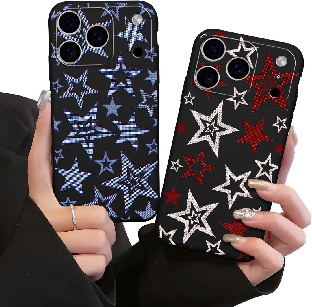 2 Pack Cute Star Phone Case for iPhone 17 Pro Max 6.9",Cool Aesthetic Y2K Cases Y3K Blue Stars Design Cover for Women Girls Teens,Black Silicone Shockproof Protective Funda for iPhone 17 Pro Max 6.9"