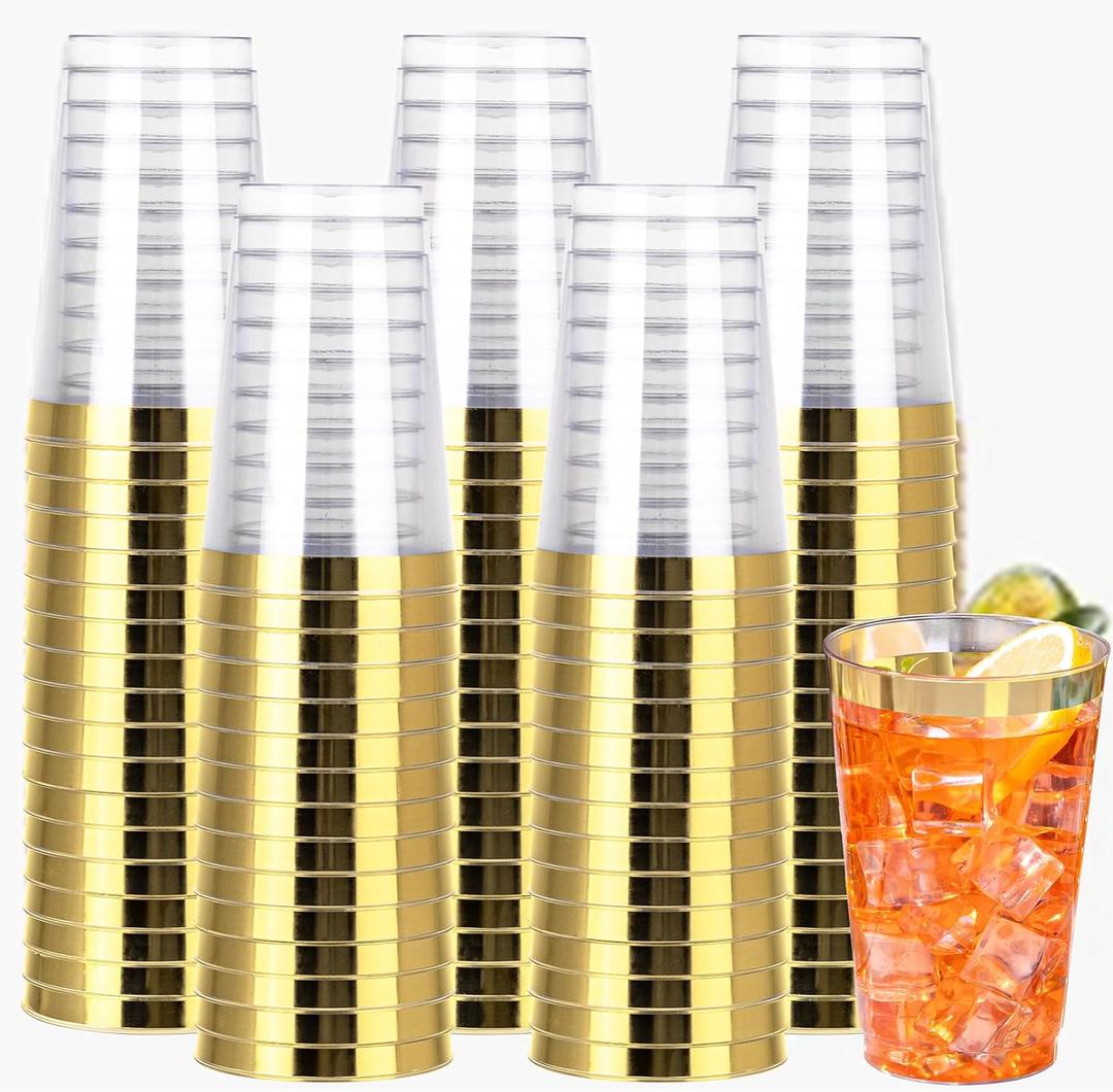 I00000 100 Pack 14 oz Gold Plastic Cups, Gold Disposable Cups Tumblers, Disposable Plastic Glasses Cocktail Glasses Perfect for Party & Wedding
