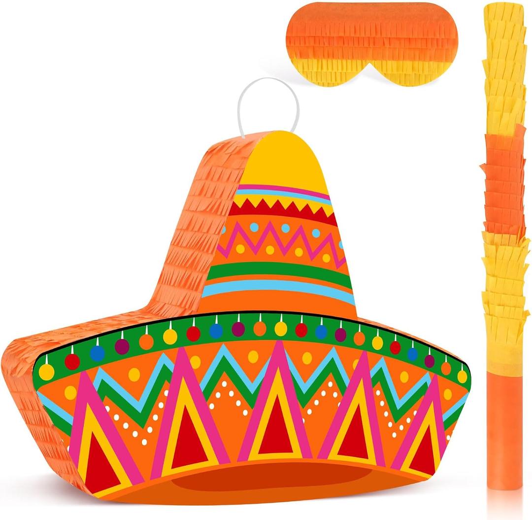 Mexican Sombrero Hat Pinata Mexican Themed Party Pinata Cinco De Mayo Pinata with Stick Blindfold for Cinco De Mayo Fiesta Carnival Birthday Party Games Supplies, 16.1x11.8x3.2 Inches