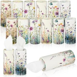 Layhit 12 Pcs Car Tissues Round Facial Tissues Boxes Vintage Floral Printed Travel Cylinder Cube Holder Bulk for Car Cup Holder(Flowers)