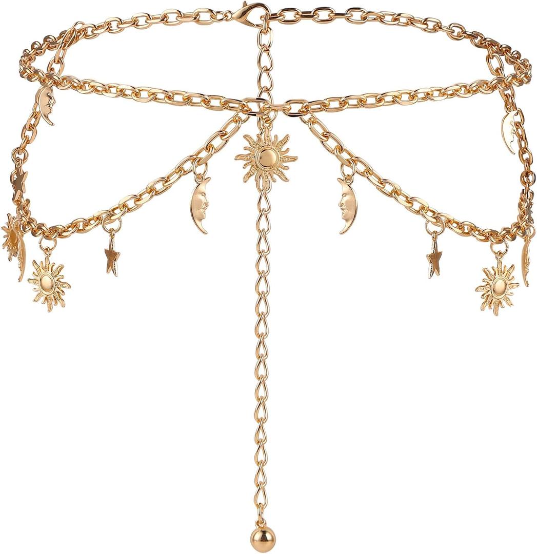 Amaxiu Double Layer Women's Metal Chain Belt, Adjustable Waist Link Belt Skinny Waistband Chain Decor for Dresses Jeans (Gold)