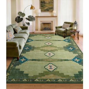 8’x10’ Washable Green Mid Century Modern Area Rug for Living Room | Soft, Non-Slip, Low Pile, Funky Retro Aztec Large Rug for Bedroom Dining Room Playroom, Green