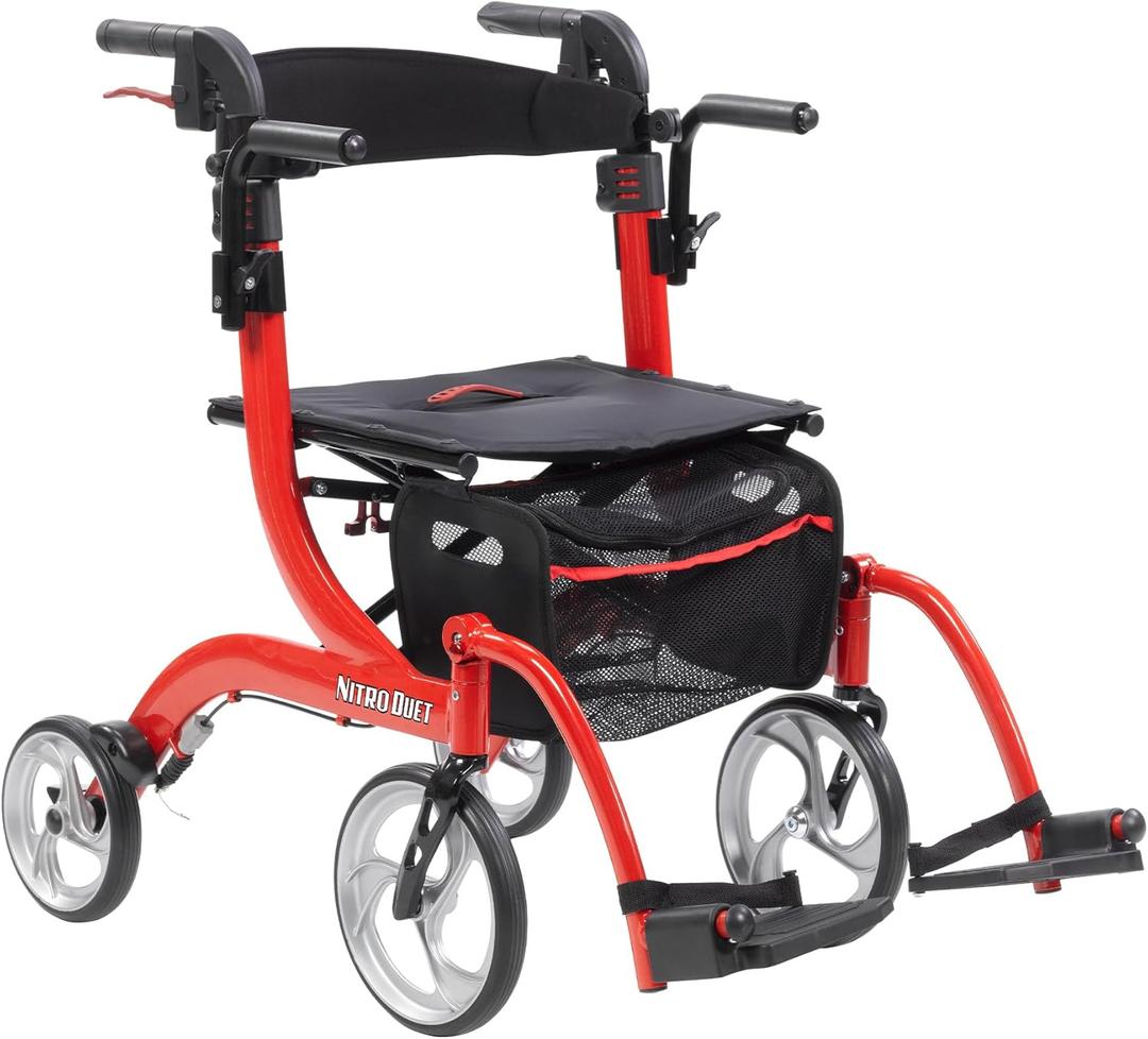 Drive Medical Nitro Duet Dual Function Foldable Rollator Walker & Transport Wheelchair for Seniors & Adults - Hand Activated Brakes & Back Support - Large Front Wheels - Red