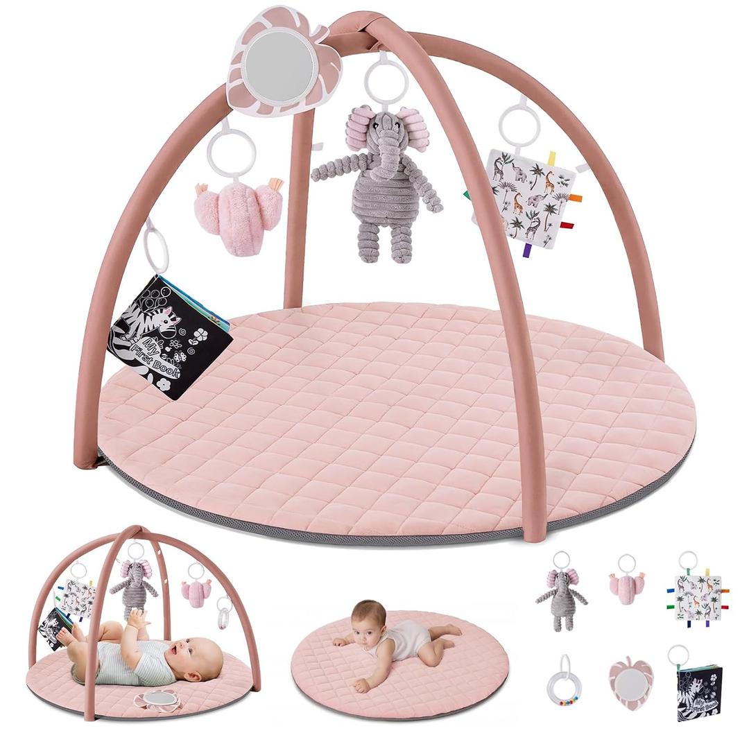 Blissful Diary Baby Play Gym Mat, Tummy Time Activity Mat with 6 Detachable Toys for Skill Development, Baby Essentials Gift, Soft Pink (Pink)