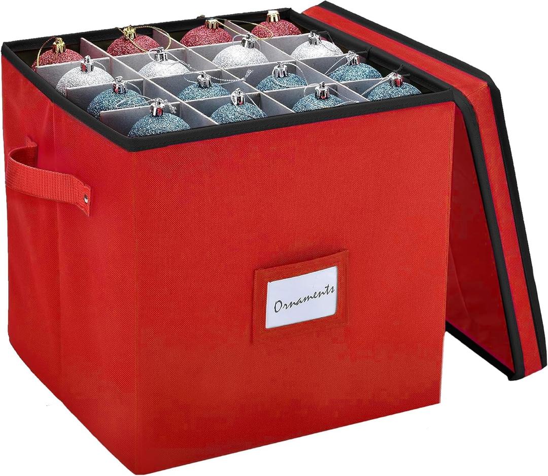 Handy Laundry, Christmas Ornament Storage - Stores up to 64 Holiday Ornaments, Adjustable Dividers, Covered Top, Two Handles. Storage Box Keeps Holiday Decorations Clean & Dry for Next Season. (Red)