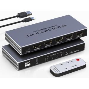 Hdmi Switcher 4 in 1 Out - New 8K@60Hz 4K@240Hz/144Hz/120Hz HDMI Splitter with Remote Support 3D/HDR/HDCP2.3, for PS5/4 Xbox Nintendo Switch Roku Apple TV Fire Stick 4 Port 8k HDMI2.1 Switch