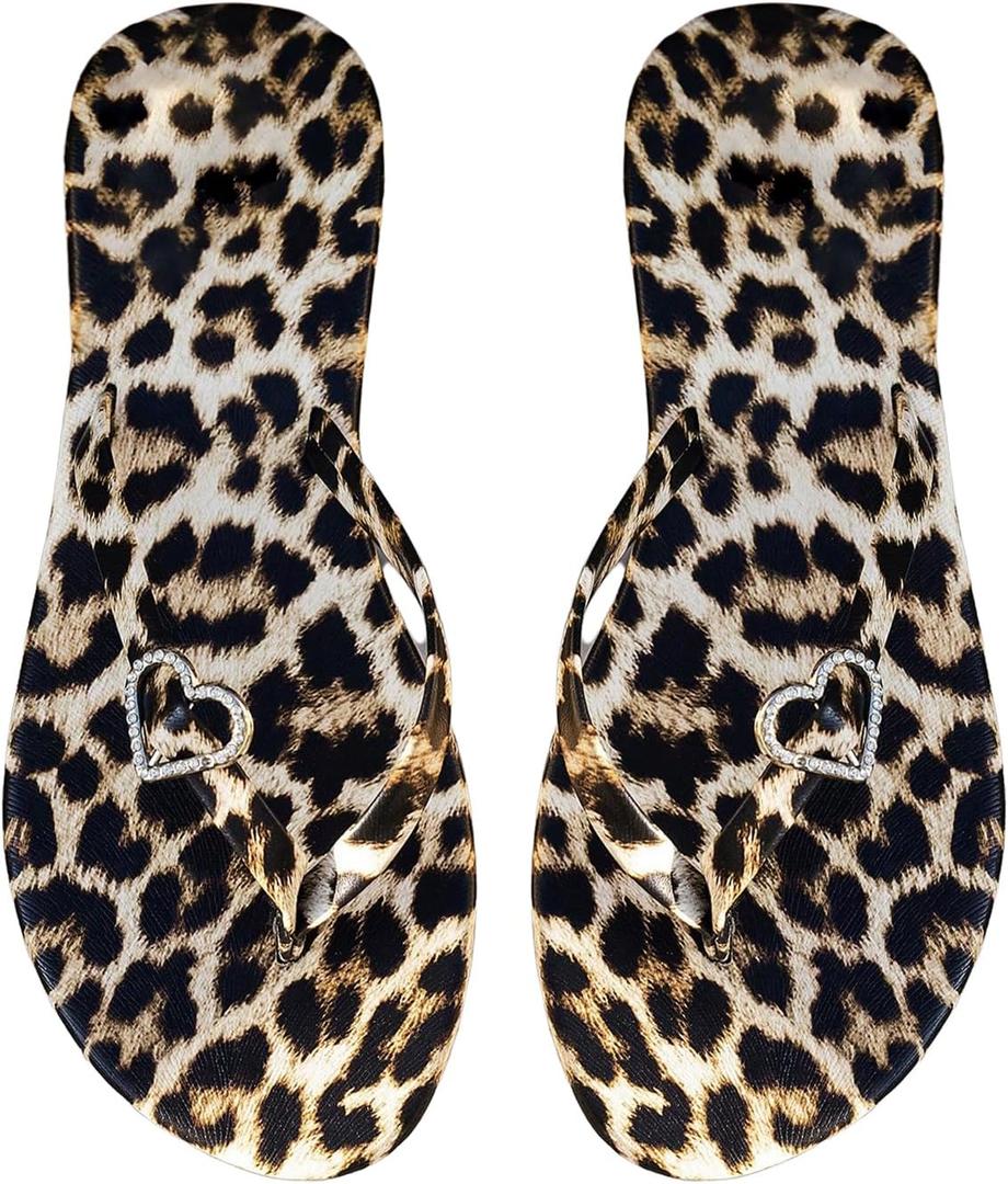 OYOANGLE Women's Leopard Print Flip Flop Sandals Rhinestone Heart Decor Vacation Casual Thong Sandal (10.5, Brown and Black)