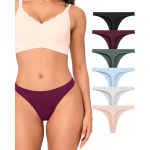 BAMBOO COOL Women's Thongs No Show Underwear Mid Waisted Seamless Pantie Tagless 6 Pack (Large)