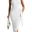 DAAWENXI Women's Sexy Sleeveless Ruched Slit Midi Dress Halter Mesh Bodycon Party Club Dresses White, M