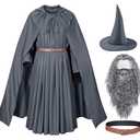 Grey Wizard Costume Mens Adult Robe Hooded Cloak Outfits Hat Full Set Halloween Cosplay, Large