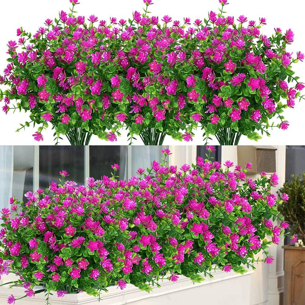 24 Bundles Outdoor Artificial Flowers UV Resistant Fake Boxwood Plants, Faux Greenery for Indoor Outside Hanging Plants Garden Porch Window Box Home Wedding Farmhouse Dcor (Magenta)