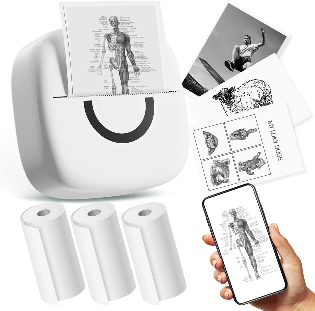 cabaro Mini Printer Sticker Thermal Printer with 3 Rolls Paper, Bluetooth Portable Phone Print Pods,Study Sticker Maker for Pictures, Photos, Journals, DIY, Compatible with Phone & Tablet (white)