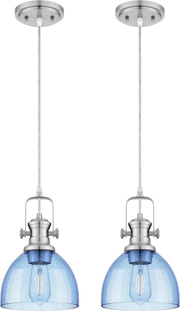 2 Pack Pendant Lights Kitchen Island, 7.5" Farmhouse Pendant Lighting with Blue Seeded Glass Shade, Vintage Hanging Light Fixtures for Dining Room, Brushed Nickel Finish, AD-22151-1P2-SN-BL