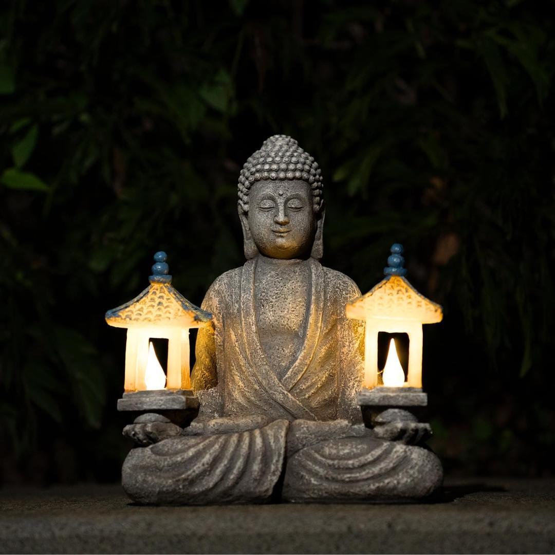 Meditating Buddha Statue with Solar Lights, Zen Garden Decor for Home, Patio, Yard, Outdoor  Unique Gift for Women and Friends(Two Pavilions)
