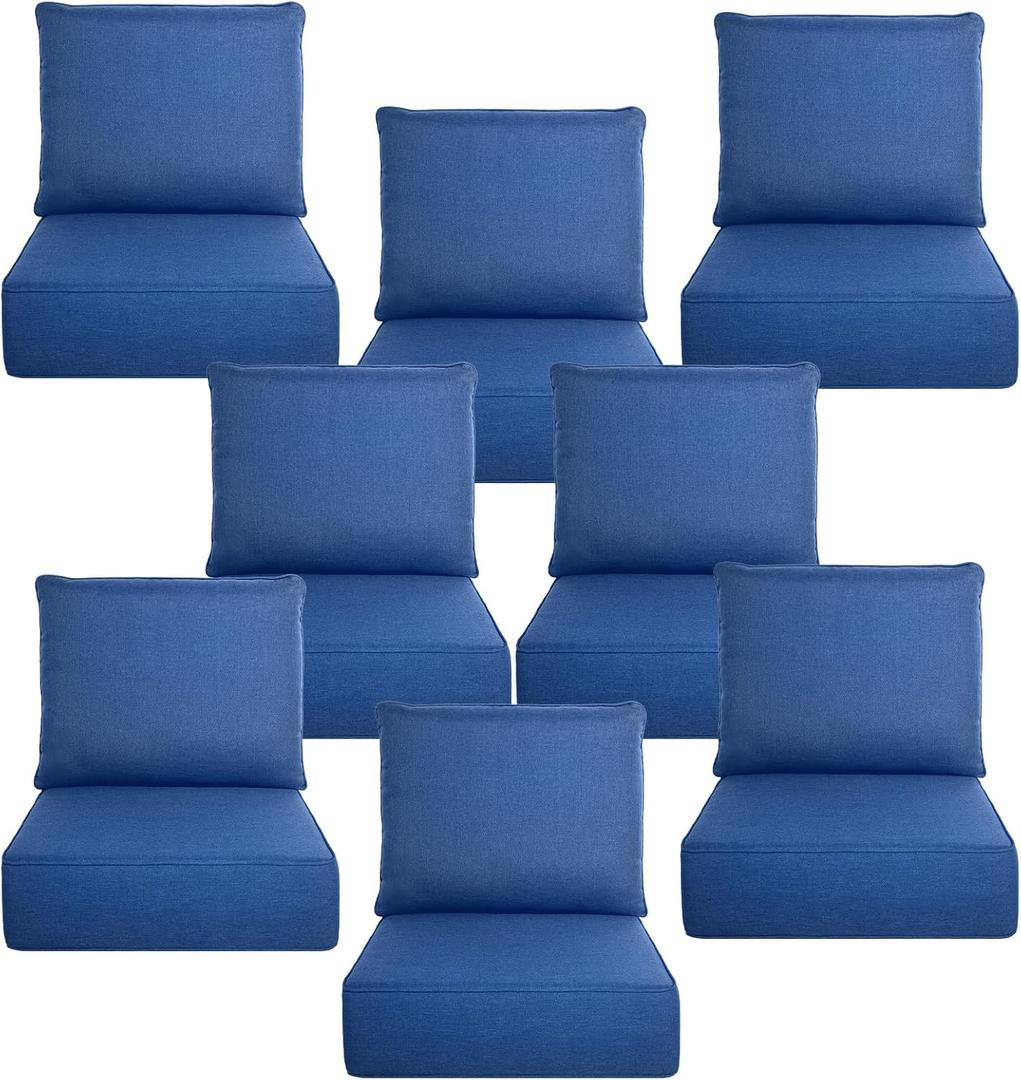 Luxury 6" Thick Outdoor Cushion Set 8- size: 24" x 24" x 5.7 Patio Furniture Cushions with 28D High-Density Foam, Water-Resistant & Fade-Resistant Fabric, Removable Covers for Patio Furniture Sofa Couch -Blue