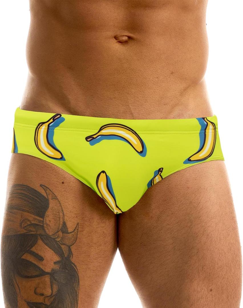 MIZOK Men's Hot Body Quick Dry Swimsuit Briefs Sexy Prints Swimwear Bikini (Medium, Yellow Banana)