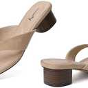 vivianly Women's Suede Low Chunky Block Heel Flip Flops Square Toe Thong Heeled Sandals Casual Slip On Mules for Work Beach Casual Outings Beige Size 7
