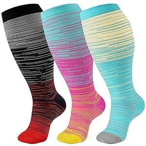 cerpite 3 Pairs Plus Size Compression Socks Wide Calf for Women & Men 20-30 mmhg-Extra Wide Calf Knee High Support Socks for Nurse