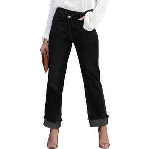 Metietila Jeans for Women Trendy High Waisted Corssover Boyfriend Jeans Distressed Stretchy Denim Pants (Black, L)