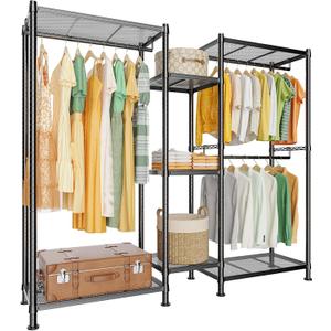 LEHOM G6M Heavy Duty Clothes Rack for Hanging Clothes, Portable Garment Rack Compact Size Closet Organizer, Freestanding Metal Clothing Rack Wardrobe Closet with Storage Shelves for Bedroom(Medium)
