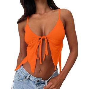 VASAUGE Women Sexy Deep V Neck Tie Front Y2k Crop Tops Backless Spaghetti Strap Cami Top (Orange)