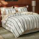 100% Cotton Tufted Duvet Cover King Size, Cream White with Gray Stripe Bedding Set, 3-Piece Soft Breathable Comforter Cover with Zipper Closure & Corner Ties