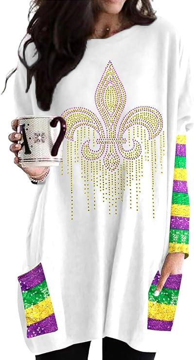 Mardi Gras Shirt Women Mardi Gras Carnival Long Sleeve Shirts New Orleans Party Blouse with Pockets, Medium 